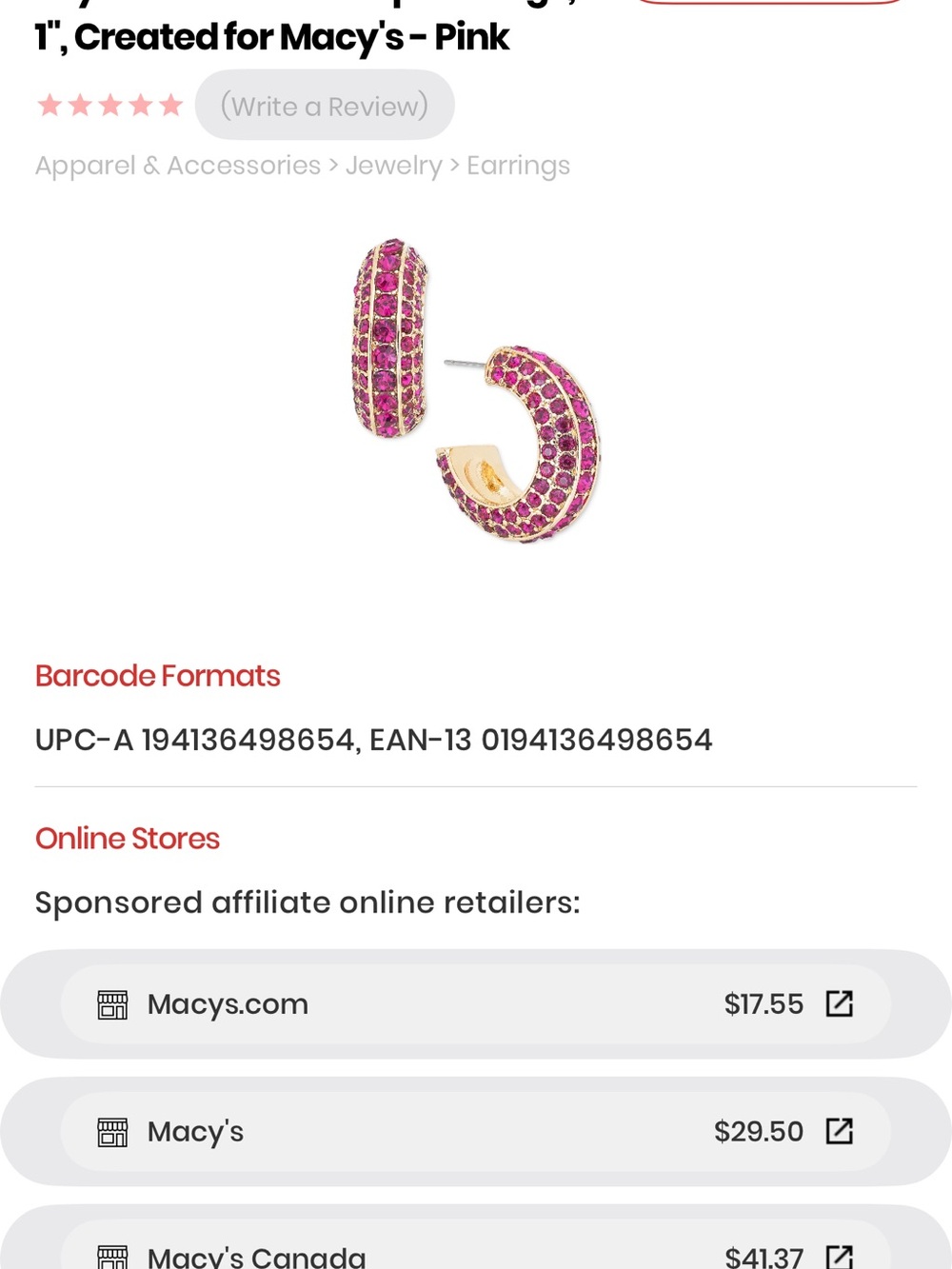 Macy's Gold-Tone Hoop Earrings with Pink Pavé Crystals